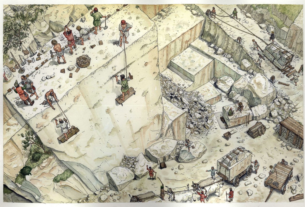 Middle Ages: Aerial View of Workers in the Marble Quarries of Carrara, 15th Century, Italy, Illustration by Giorgio Albertini by Giorgio Albertini
