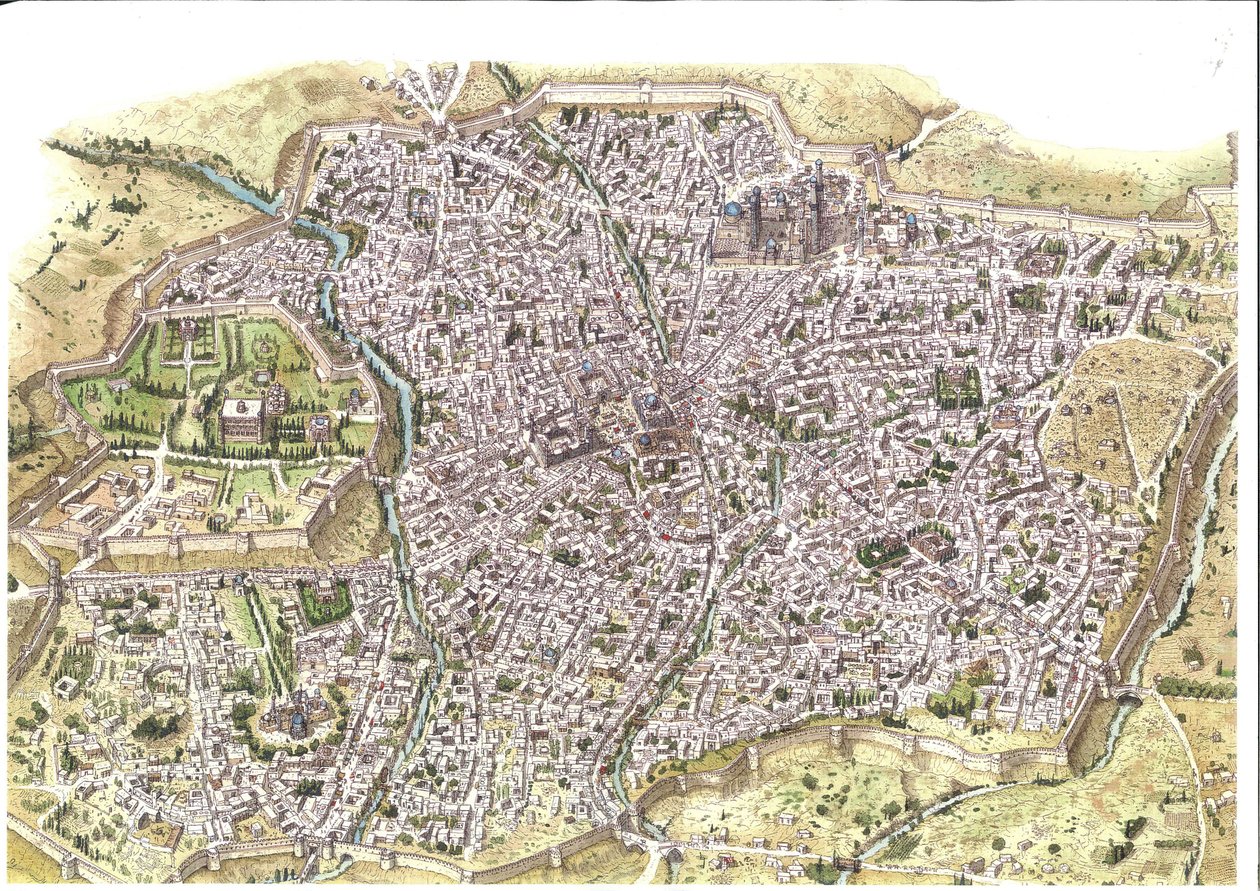 Middle Ages: detailed aerial view of Samarkand, Uzbekistan, during the Mongolian Chaybanid dynasty, around 1450. Illustration by Giorgio Albertini. by Giorgio Albertini