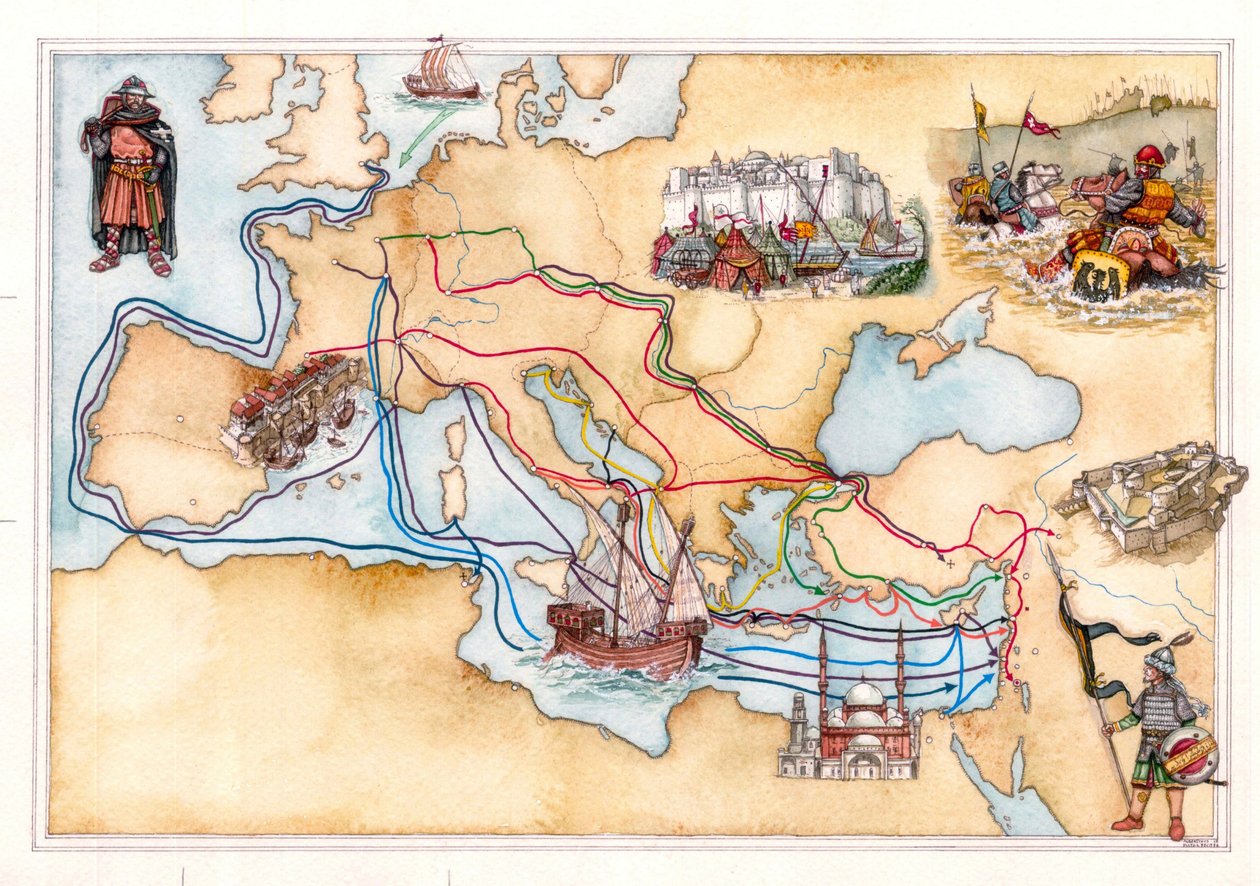 Middle Ages: Map of Europe and the Middle East Showing Crusade Routes by Giorgio Albertini