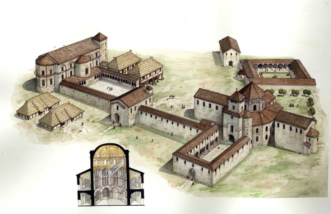 Middle Ages: Palace of Charlemagne, Aachen, Germany. Illustration by Giorgio Albertini by Giorgio Albertini