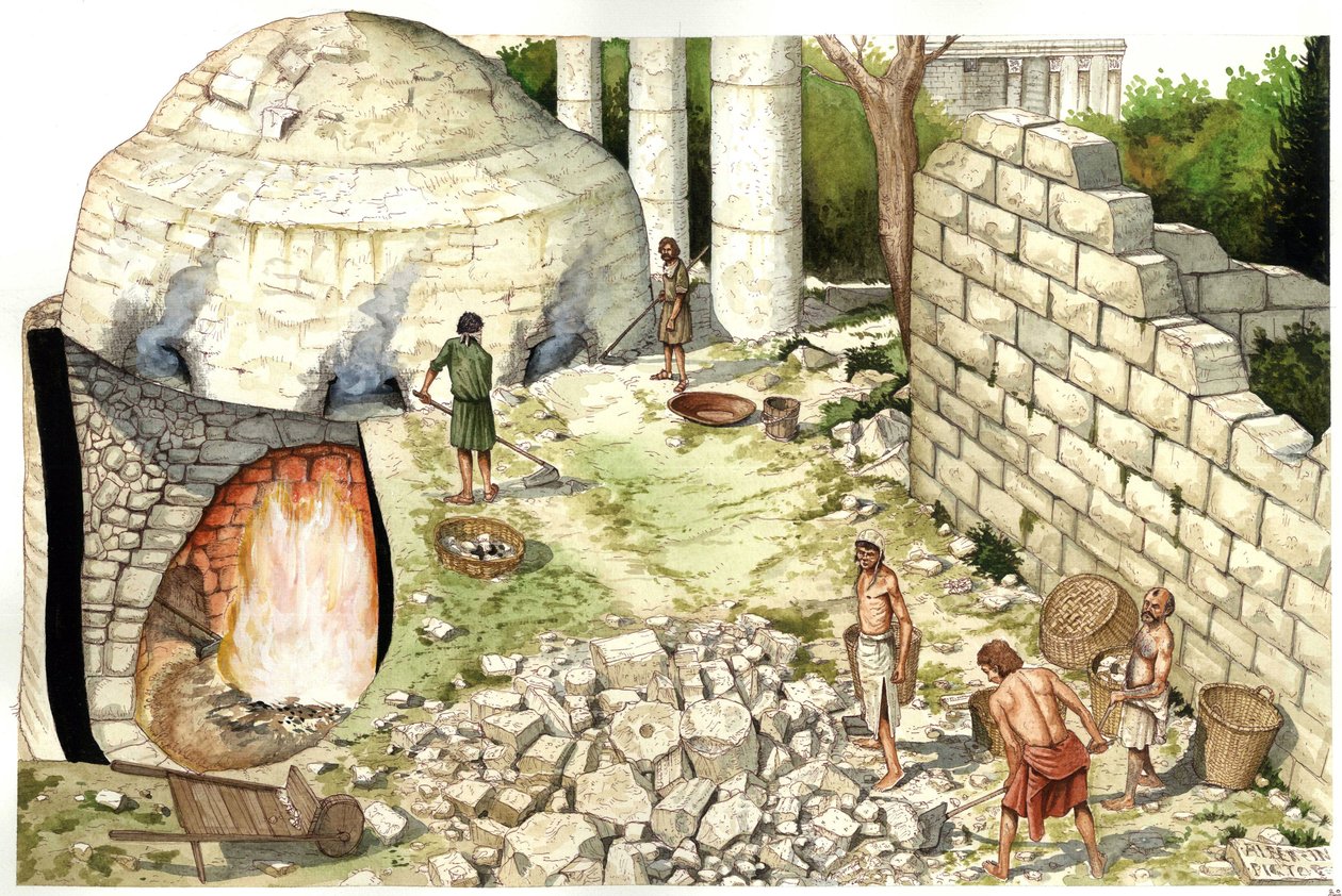 Middle Ages: Reconstruction of a Lime Kiln, Workers Working Limestone, Illustration by Giorgio Albertini by Giorgio Albertini