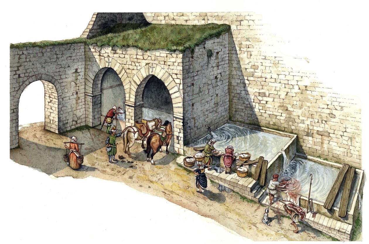 Middle Ages: reconstruction of a spring water fountain in central Italy in the 15th century. It is used as a washing house, watering and water point for the inhabitants of the city. by Giorgio Albertini