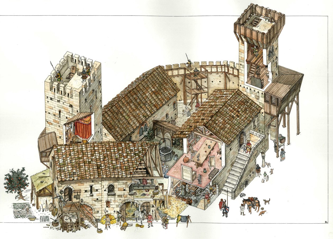 Middle Ages: Reconstruction of a Castle in Central Italy in the 13th Century. Illustration by Giorgio Albertini by Giorgio Albertini