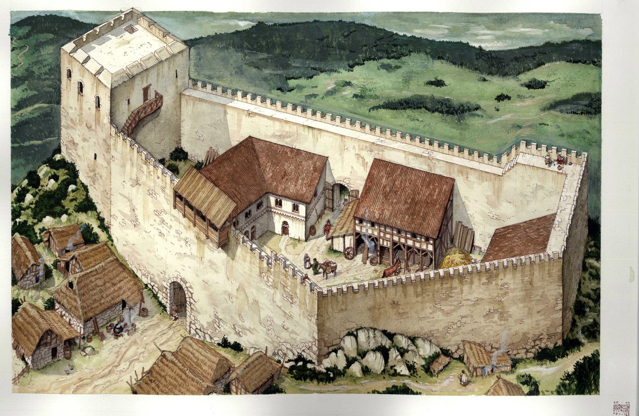 Middle Ages: reconstruction of the Cathar castle of Montsegur, completed in the 13th century, Ariege, France. by Giorgio Albertini