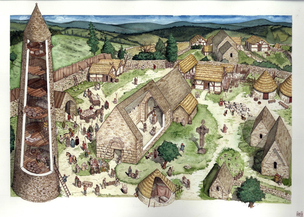 Middle Ages: reconstruction of the old monastery of Glendalough, founded by Saint Kevin, 9th century Ireland. Illustration by Giorgio Albertini. by Giorgio Albertini