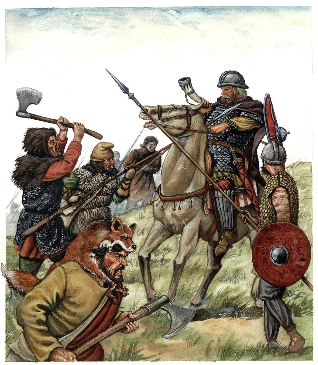 Middle Ages: scene of the Battle of Roncesvaux, 778, Spanish Basque Country. Franc rider of Charlemagne