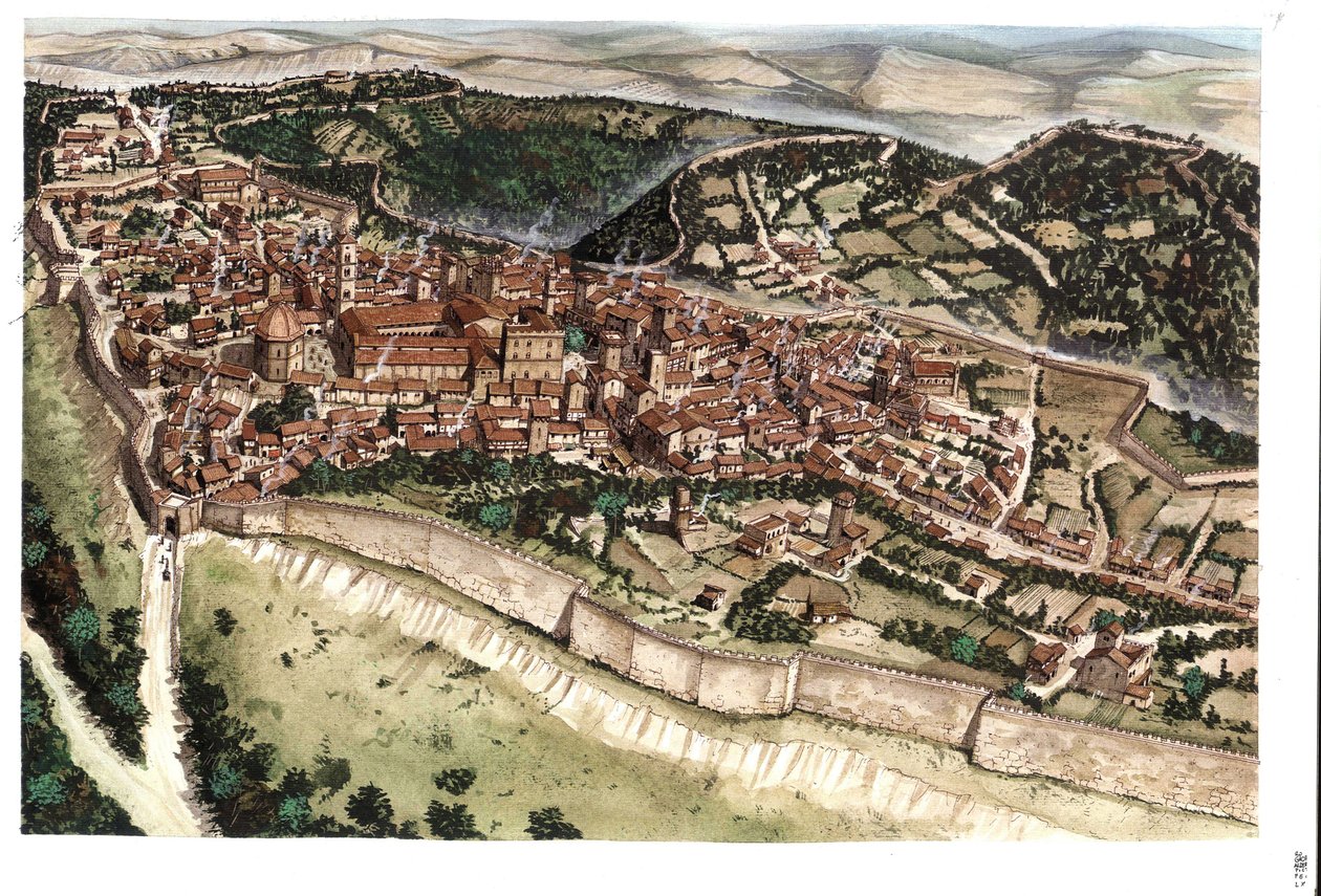Middle Ages: view of the medieval town of Volterra, surrounded by ramparts, 14th century, Tuscany, Italy. Illustration by Giorgio Albertini. by Giorgio Albertini
