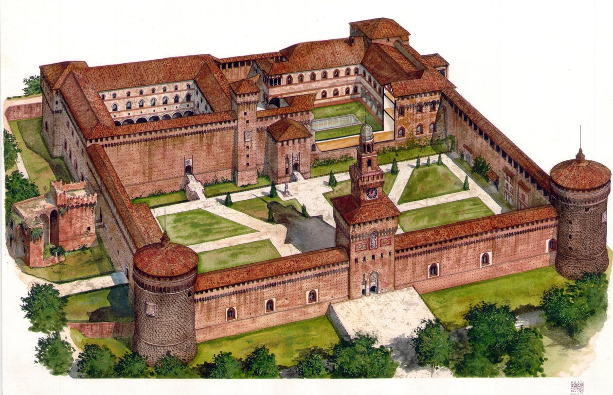 Overview of the Sforza Castle fortress built by Duke Francesco Sforza in the 15th century in Milan, Italy. by Giorgio Albertini