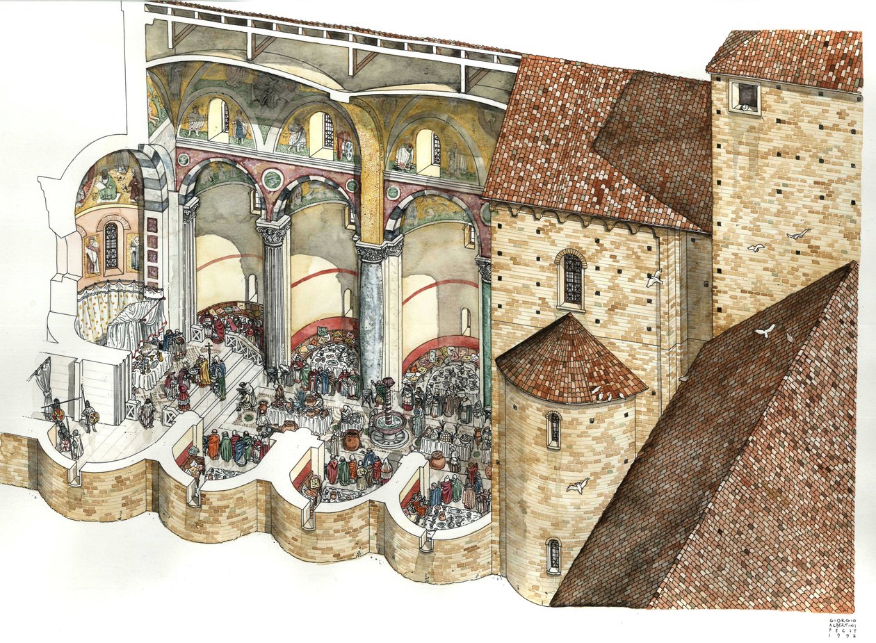 Reconstruction of the Basilica of St. John Lateran in the 8th century, showing the triclinium and the inauguration ceremony of a pope. Rome. by Giorgio Albertini