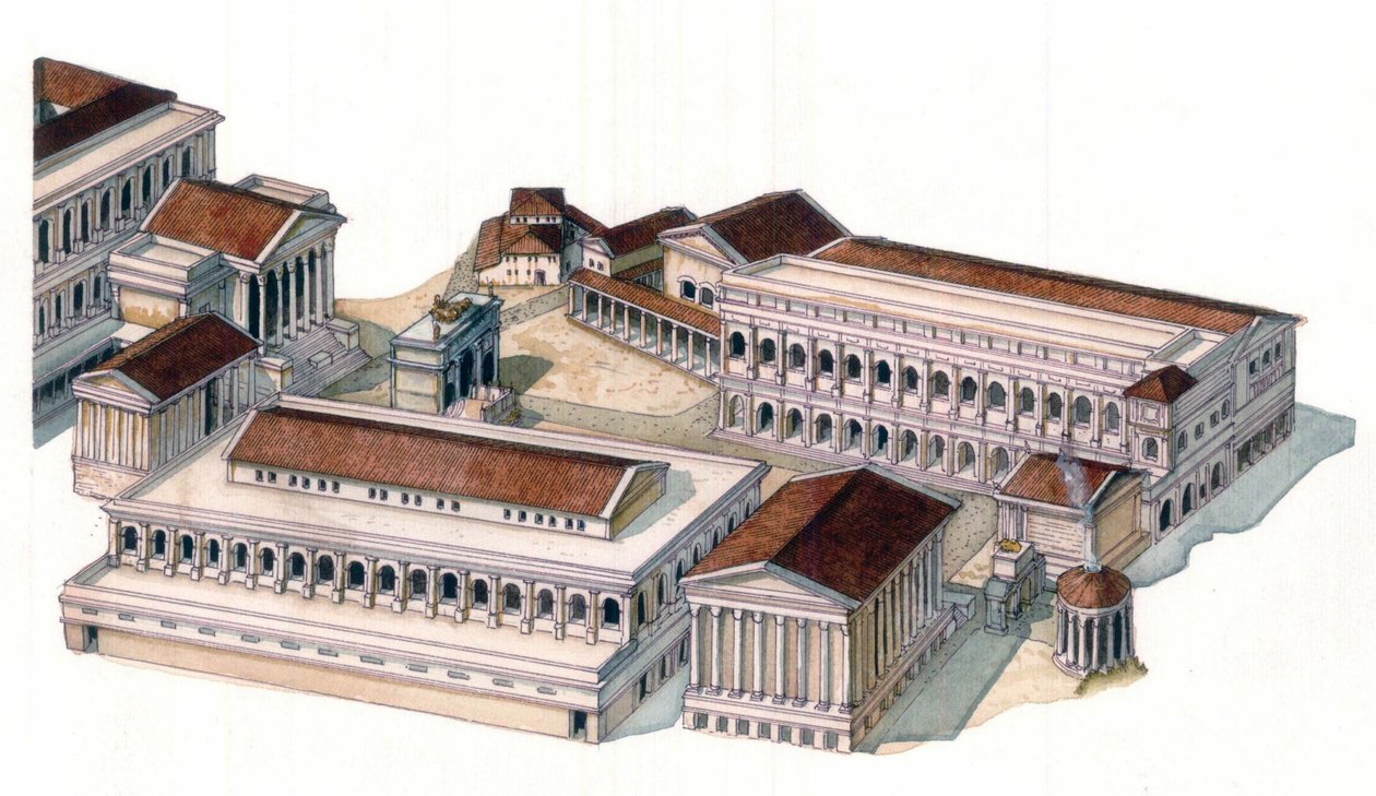 Roman antiquity: reconstruction of the Roman forum during the time of Emperor Augustus. by Giorgio Albertini