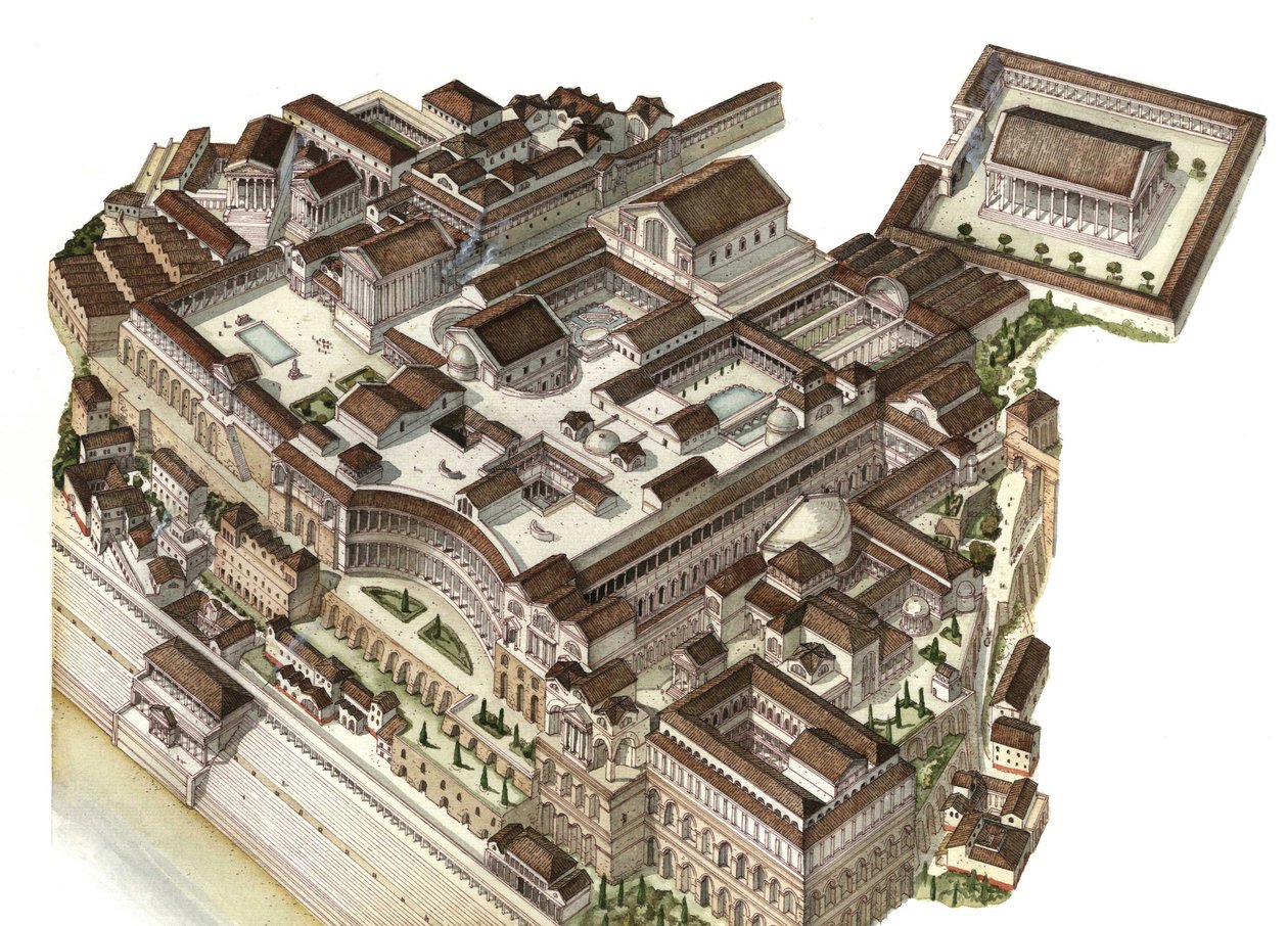 Roman antiquity: reconstruction of Mount Palatine in the 4th century, with palaces built by emperors Augustus, Nero, and Septimius Severus. Rome, Italy. by Giorgio Albertini