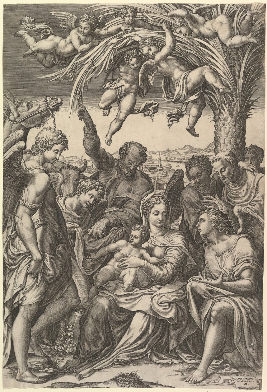 Rest on the Flight into Egypt, the Holy Family under a Palm Tree Surrounded by Angels by Giorgio Ghisi