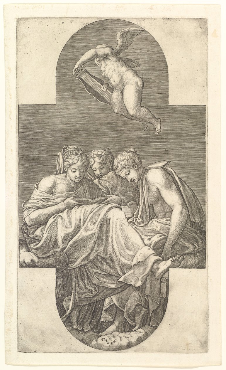 Three Muses and a Putto with a Lyre, a cruciform composition, from a series of eight compositions... by Giorgio Ghisi
