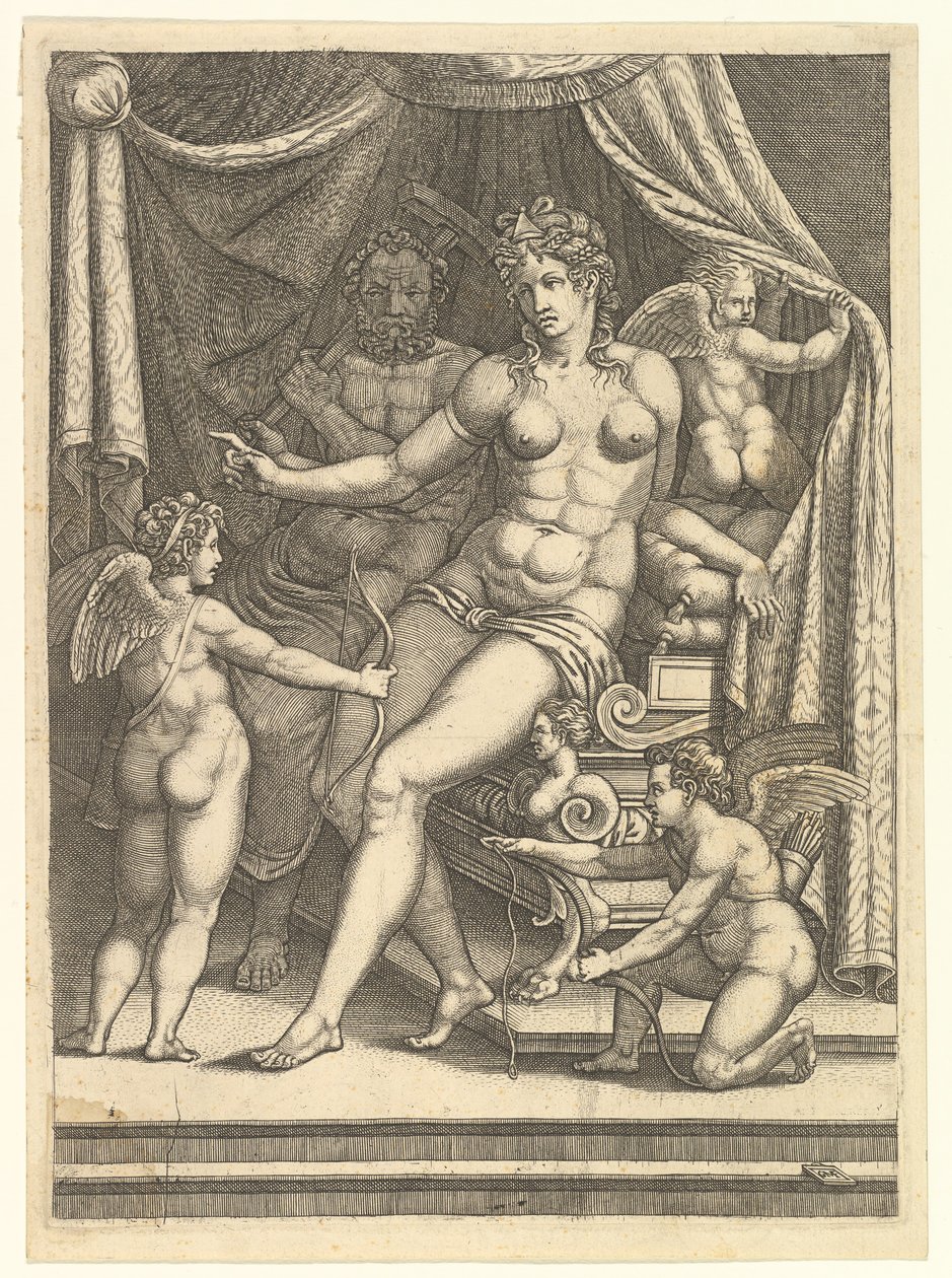 Venus and Vulcan Seated on a Bed and Three Putti by Giorgio Ghisi