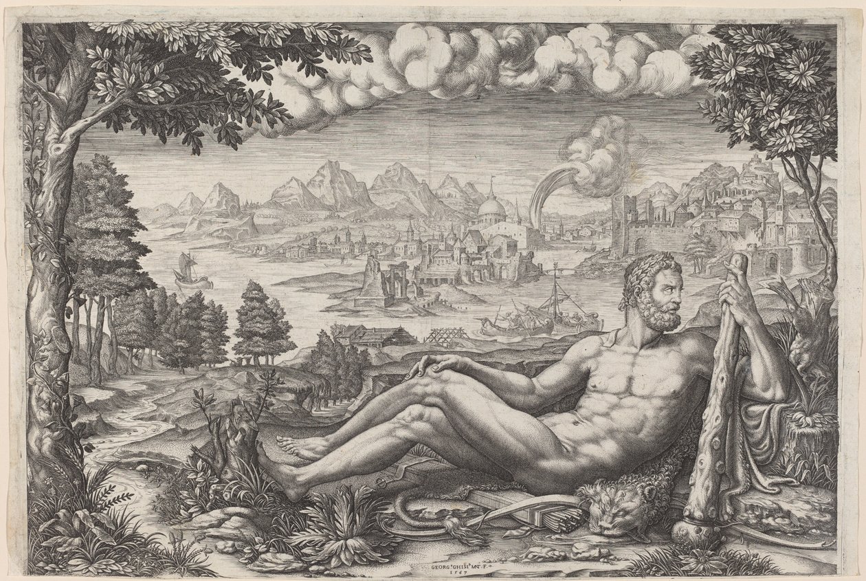 Hercules Resting from His Labors by Giorgio Ghisi after Giulio Romano
