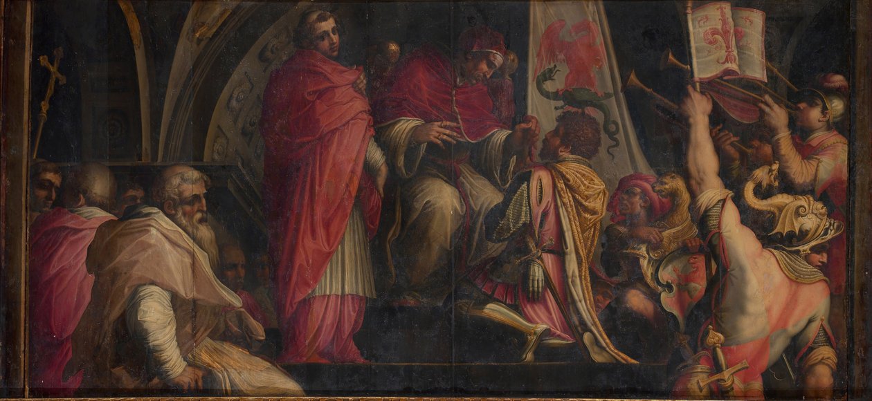 Pope Clement IV hands his insignia to the captains of the Guelph Party by Giorgio Vasari