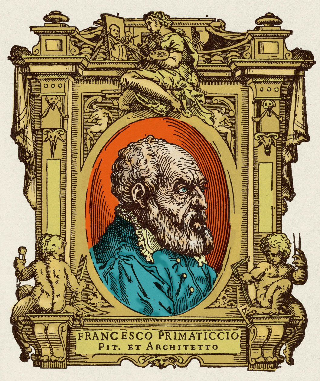 Portrait of Francesco Primaticcio known as The Primatice (1504-1570) painter, sculptor and architect. He was a member of the Ecole de Fontainebleau. Engraving of the treat 