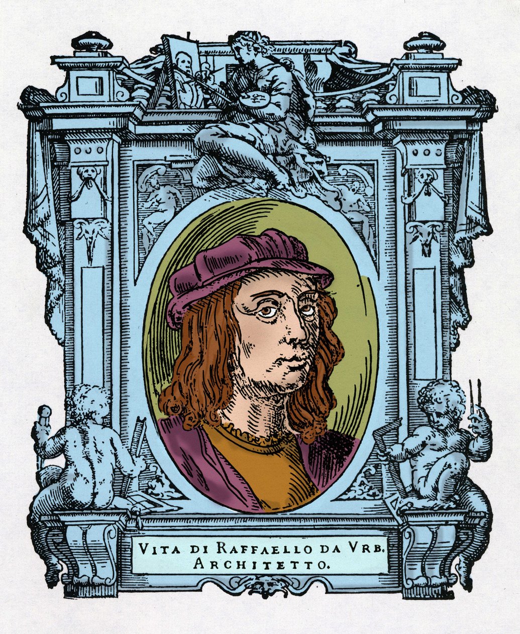 Portrait of Raphael (Raffaello Sanzio 1483 - 1520) Italian architect and painter. Engraving of the treat “Lives of the most excellent painters, sculptors and architects” (Le Vite de