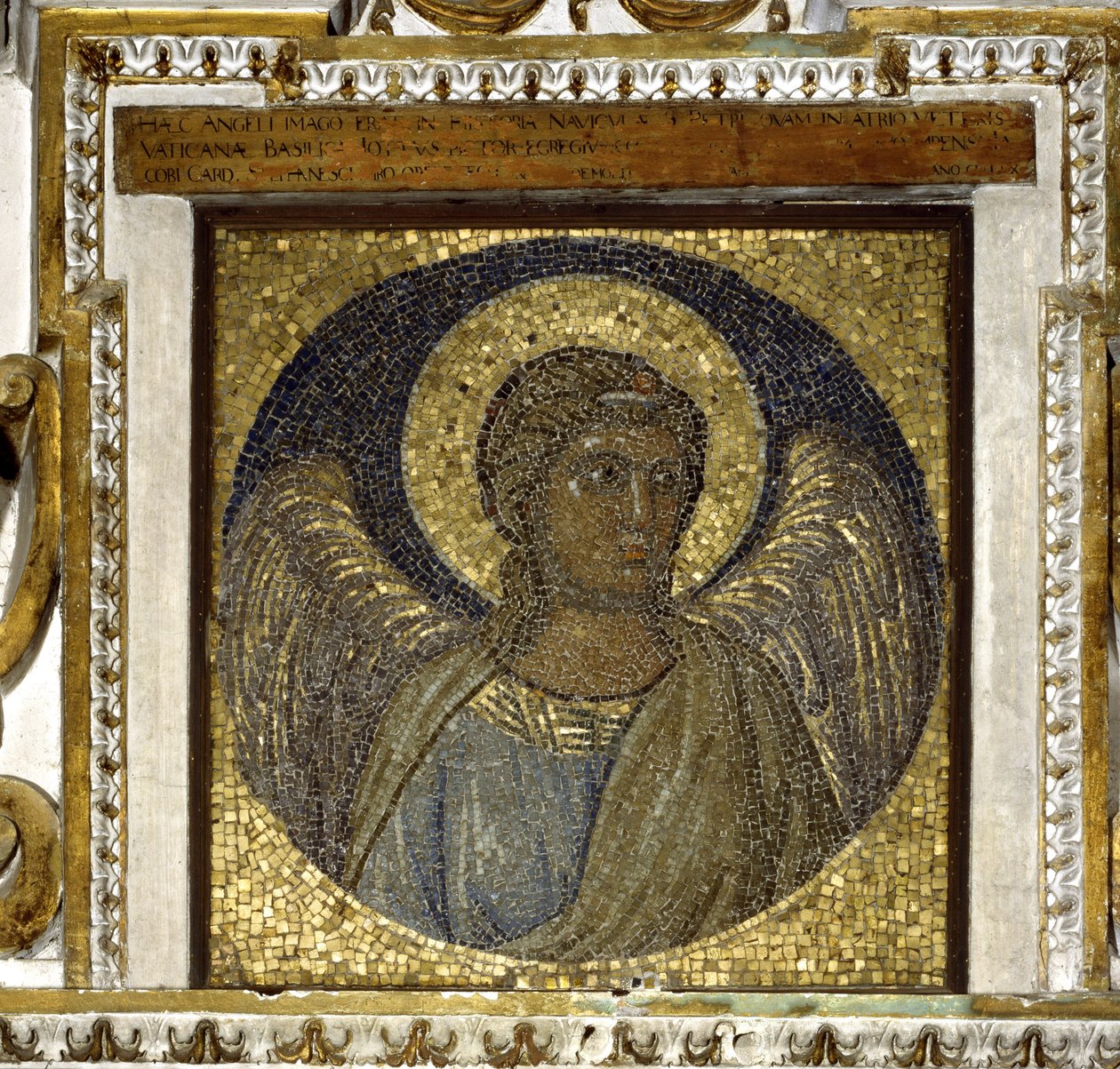Angel. Fragment of the pod. Mosaic with a gold background made by Giotto di Bondone and architecture of Maderno by Giotto (c.1266 1337)