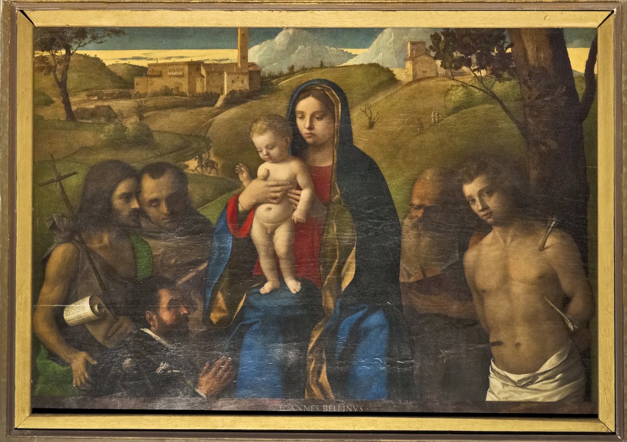 Madonna and Child with Four Saints (John the Baptist, Francis, Jerome and Sebastian (left to right)) and Donator by Giovanni Bellini