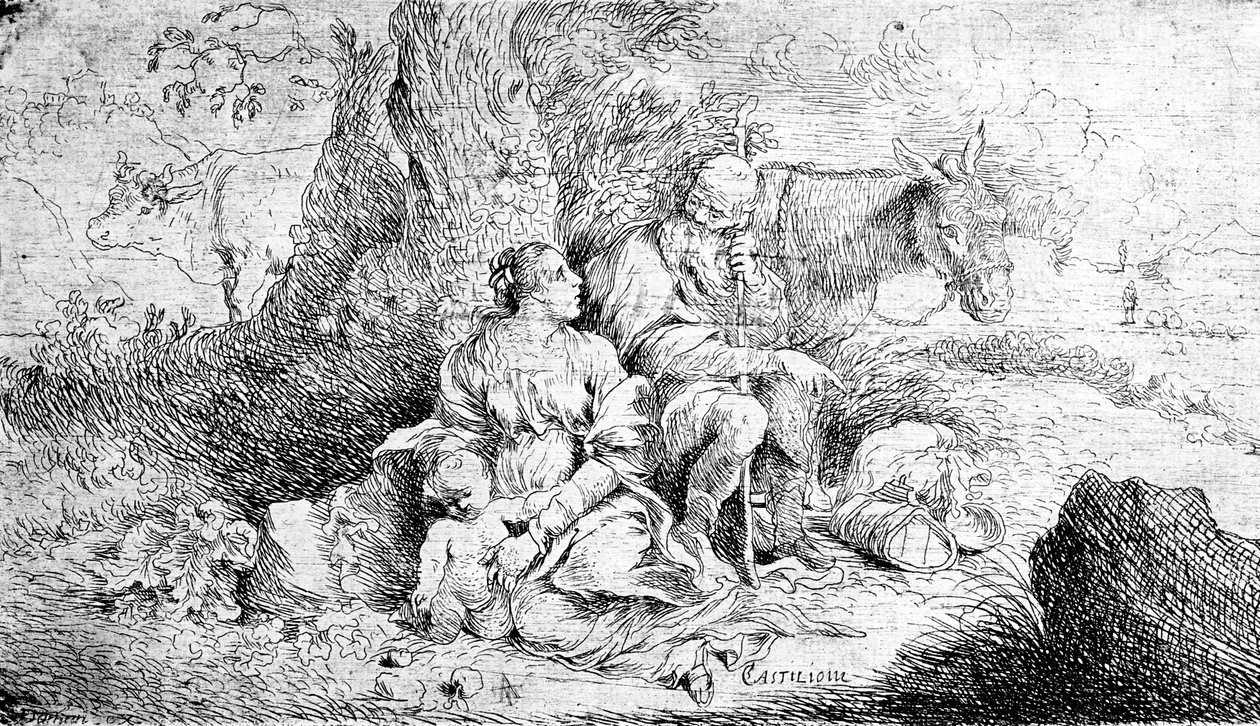 The Rest on the Flight into Egypt, etched by Antonio Travi by Giovanni Benedetto Castiglione