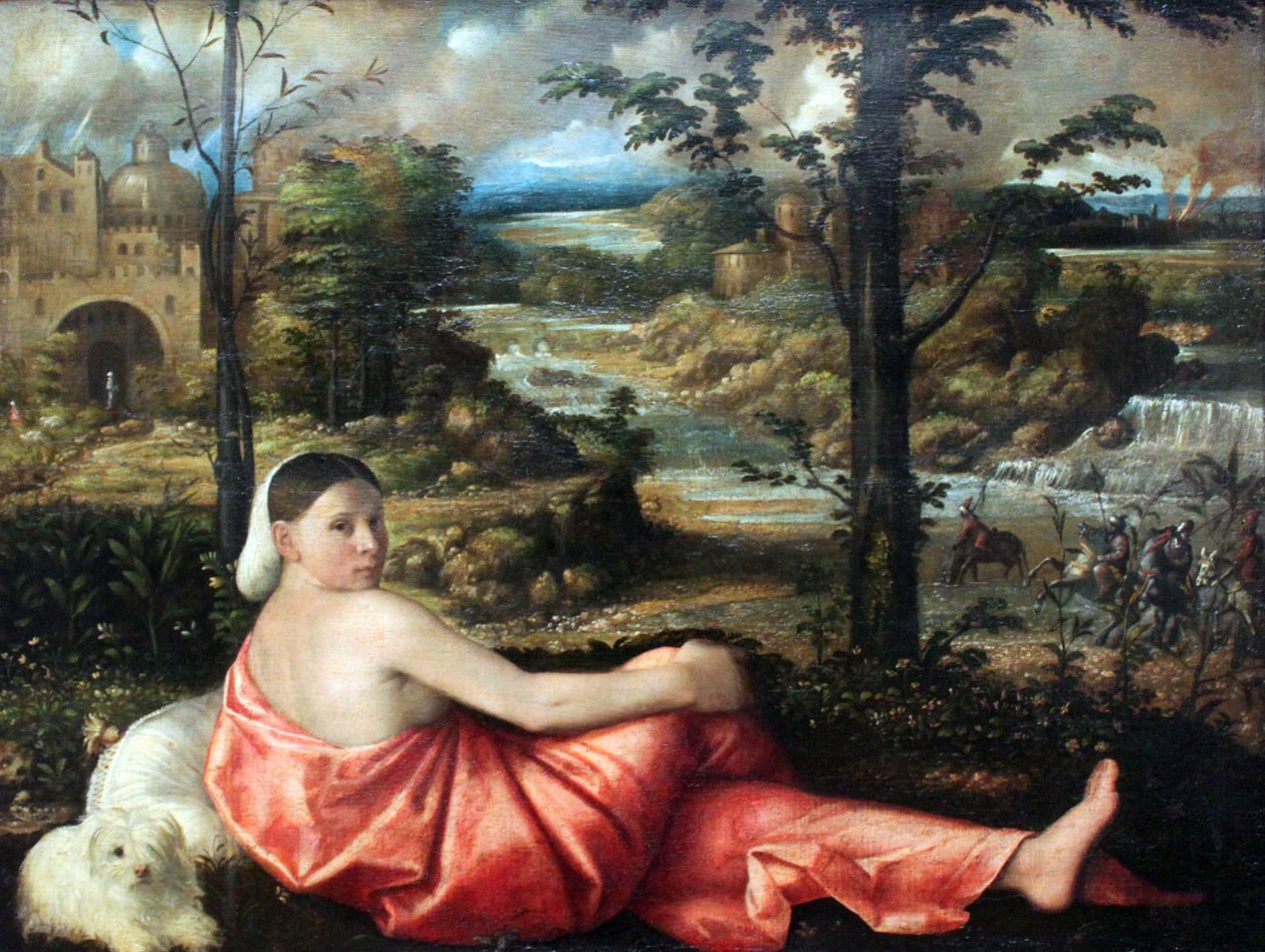 Portrait of a Resting Young Woman in a Landscape by Giovanni de Busi Cariani