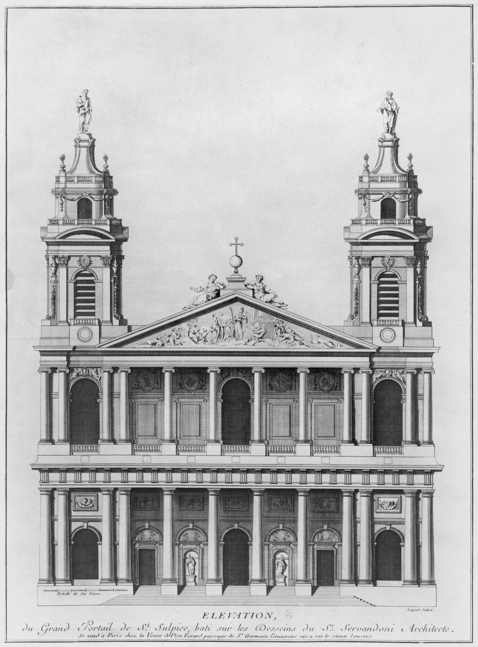 Church of Saint-Sulpice, elevation of the facade, Paris, engraved by Loignel or Laignel by Giovanni Niccolo Servandoni
