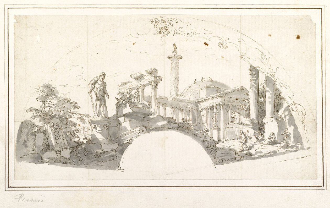 Design for a Fan - Capriccio with Roman Ruins and the Farnese Hercules by Giovanni Paolo Pannini