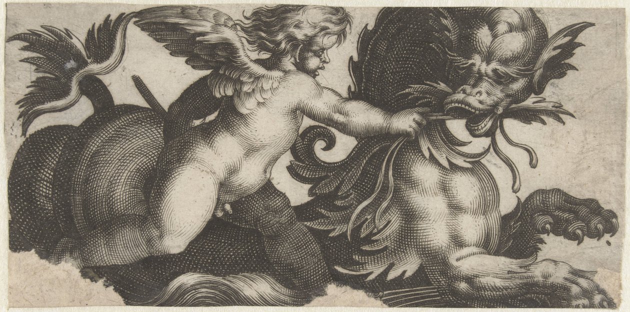 Putto Feeding a Sea Monster a Leaf by Giovanni Andrea Maglioli
