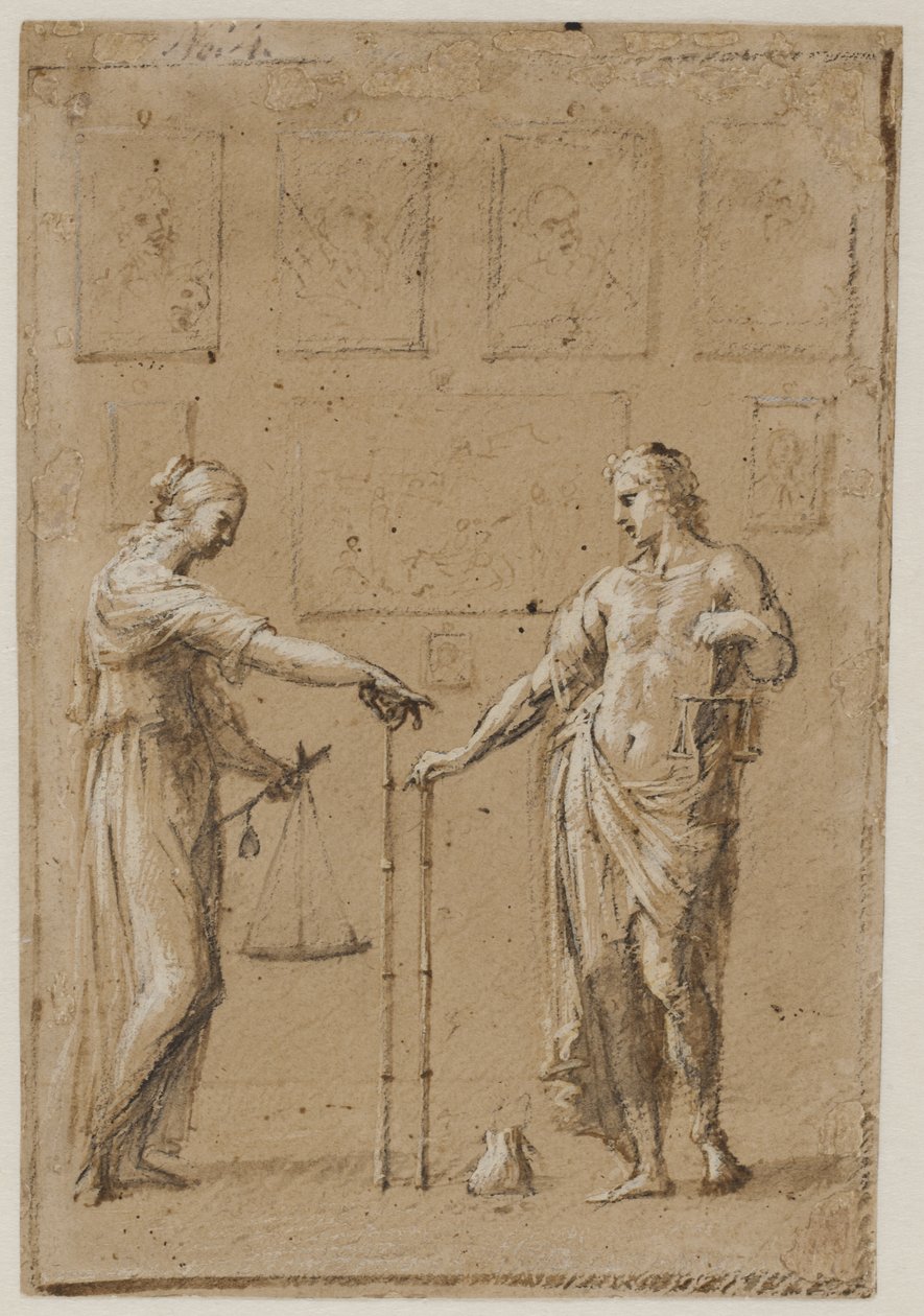 A Man and a Woman in Antique Costumes, Each with Scales and a Ruler, in Front of a Wall with Paintings. A Purse on the Floor in Front of the Man by Giovanni Angelo Canini
