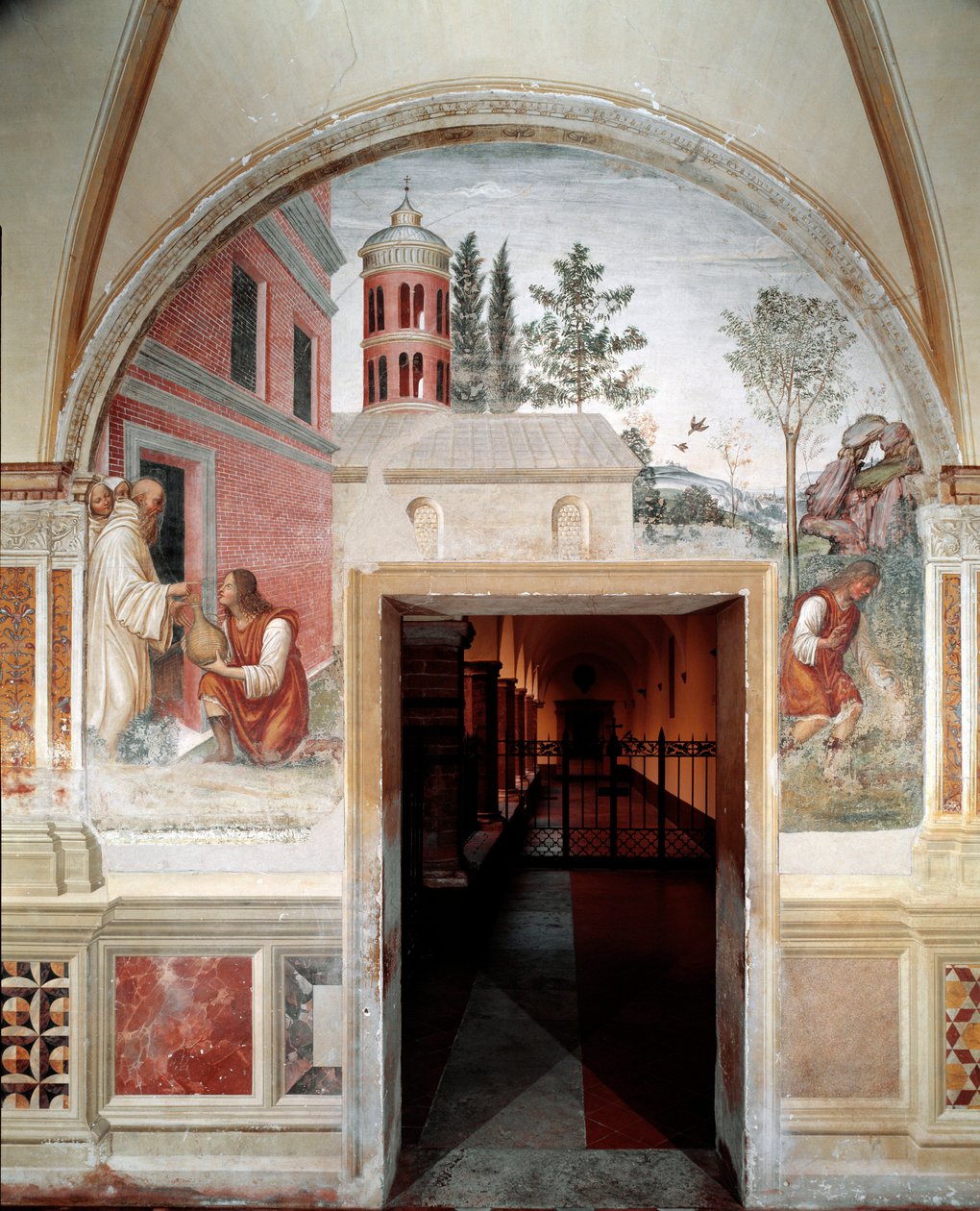 How Benedict turns into a snake of wine a servant hid to him (detail) (fresco) by Giovanni Antonio Bazzi Sodoma