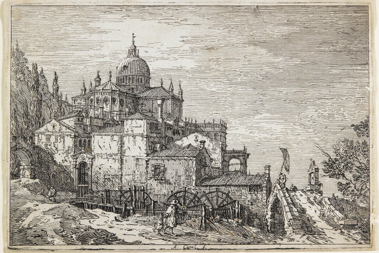 Landscape with a Church, Houses and a Mill by Giovanni Antonio Canal