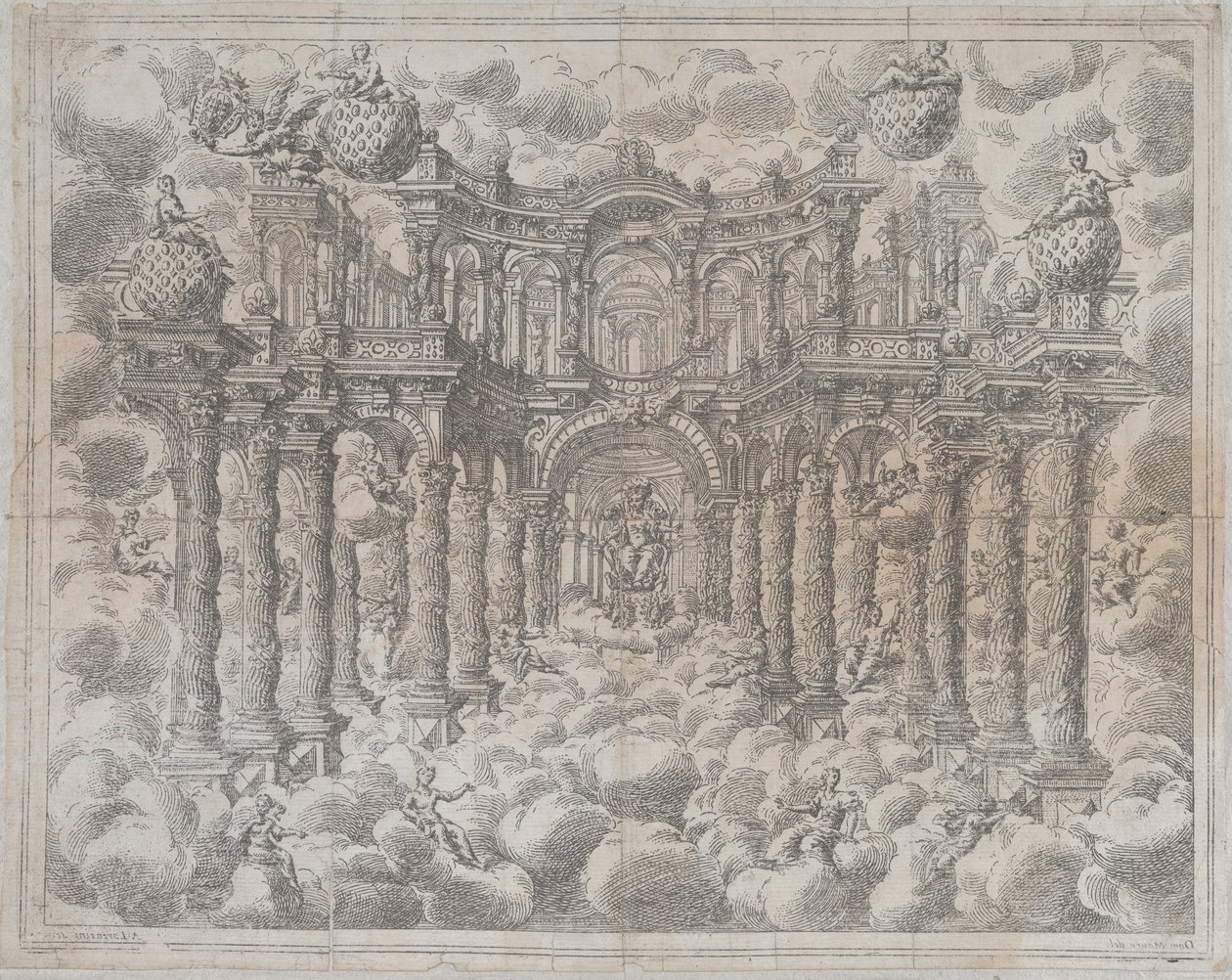 Plate 2 [Counterproof]: Stage Set with Allegorical Figures Seated Among the Clouds by Giovanni Antonio Lorenzini