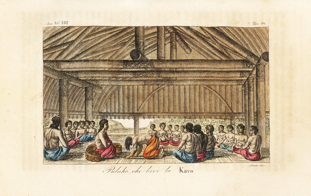 King Polaho drinking kava in a longhouse, Tonga (Friendly Islands). Handcoloured copperplate engraved by Sasso after John Webber from Giulio Ferrario