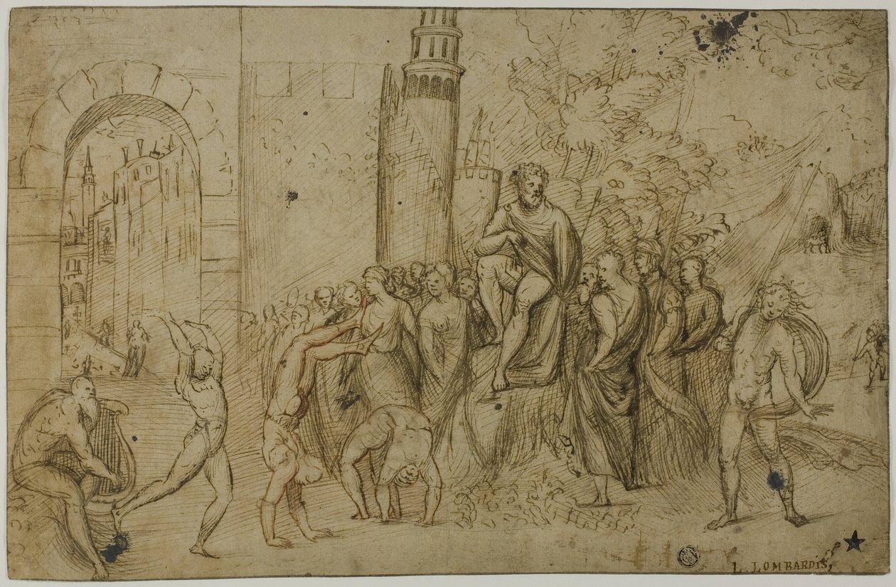Acrobats Performing Before a Ruler; Outdoor Scene with Group of Figures by Giovanni Antonio da Pordenone