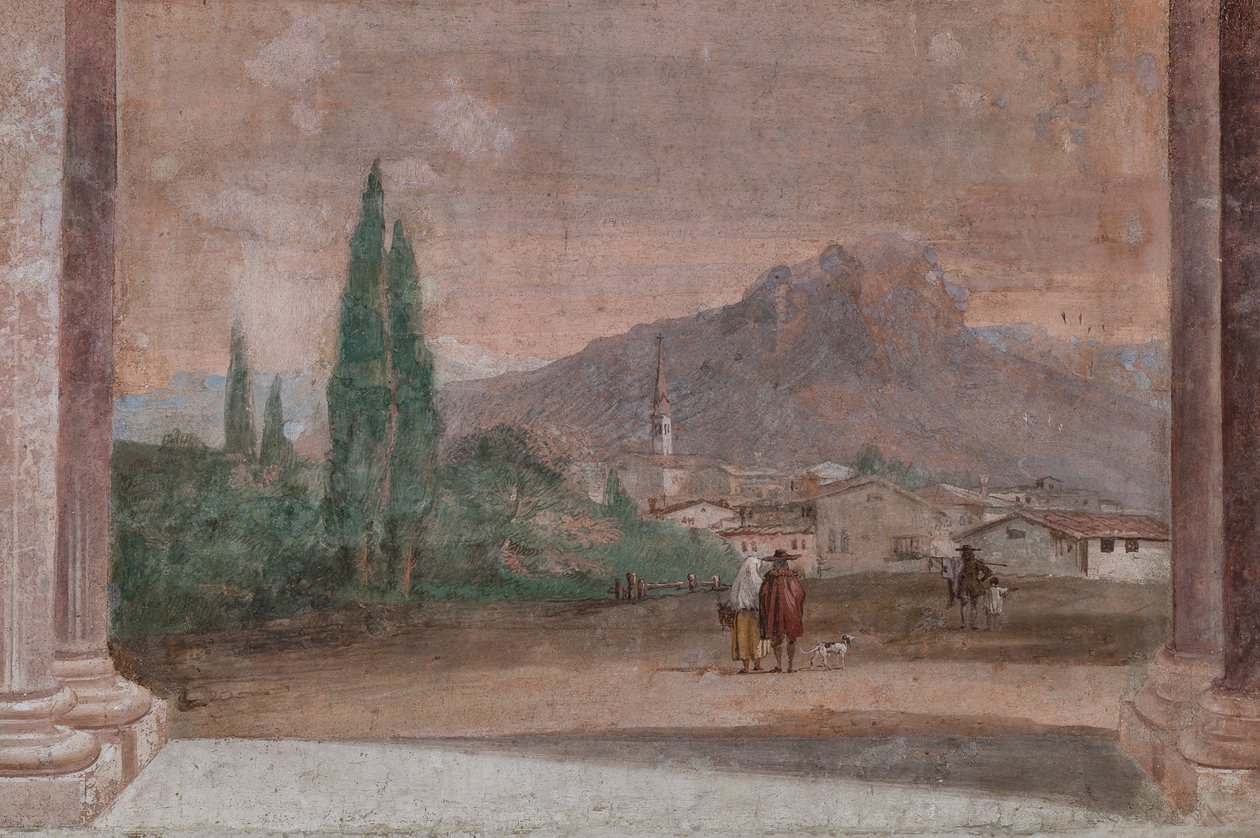 Palazzina (Small Building): View of the First Room and Its Frescoes Representing Episodes from the Iliad: "Cupid with Arrows Flying Over a Venetian Landscape" (detail regarding the landscape) by Giovanni Battista Tiepolo