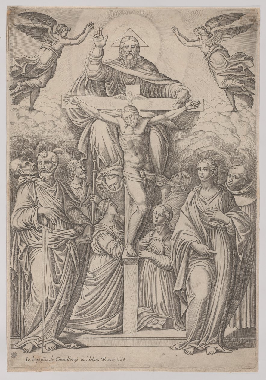 The Trinity, with the crucifixion at center and saints to both sides by Giovanni Battista Cavalieri
