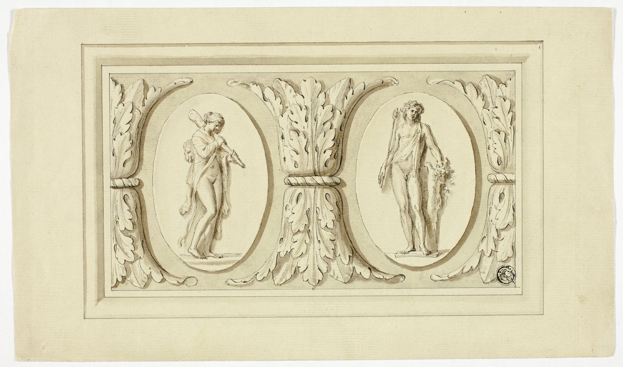Two Medallions with Standing Figures of Omphale and Bacchus, Separated by Design of Acanthus Leaves by Giovanni Battista Cipriani
