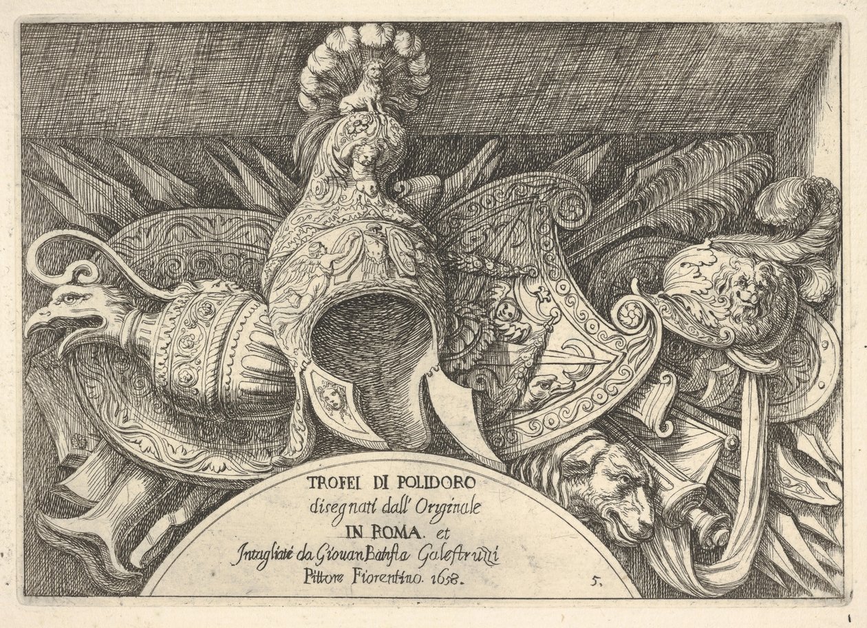 Plate 5: Trophies of Roman Arms from Decorations Above the Windows on the Second Floor by Giovanni Battista Galestruzzi