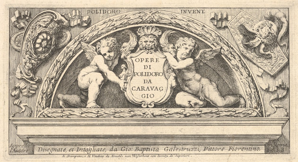 Titleplate to series of prints after Poloidoro, title on a shield supported by two putti by Giovanni Battista Galestruzzi