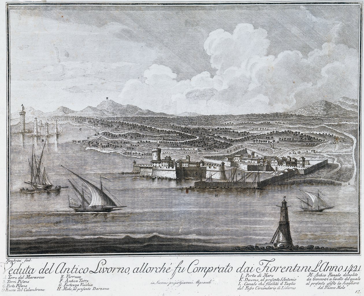 View of Livorno port when it was purchased by Florentines in 1421, engraving from Collection of best views of City and Port of Livorno by Giovanni Battista Guerazzi