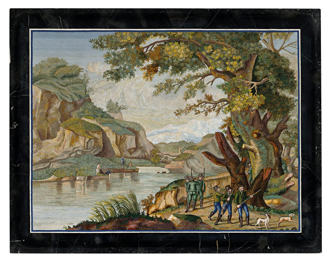 An Italian micromosaic picture of a shooting party in a river landscape by Giovanni Battista Luchini