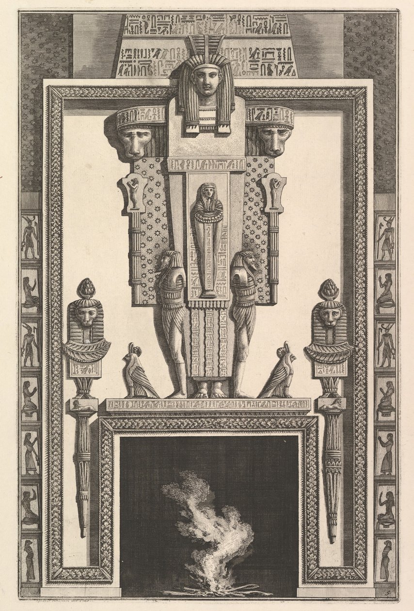 Chimneypiece in the Egyptian style: Mummy superimposed on a large caryatid above the lintel by Giovanni Battista Piranesi