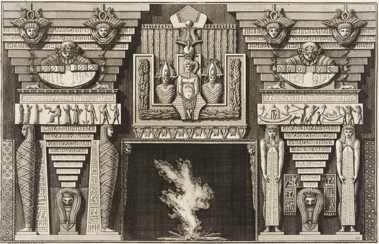 Chimneypiece in the Egyptian style: Two mummies in profile on the left and two figures bearing obelisks on the right. by Giovanni Battista Piranesi