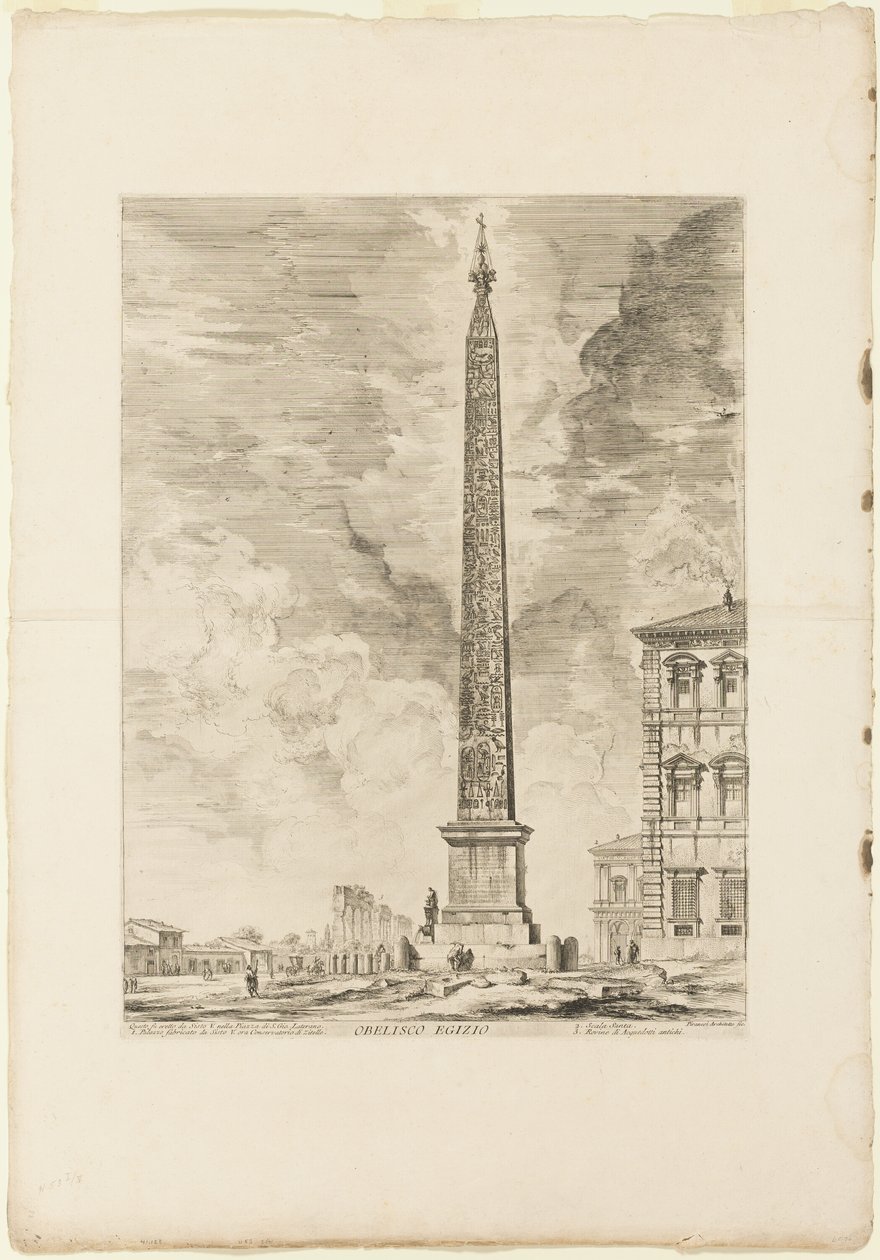Egyptian Obelisk. This was erected by Pope Sixtus V in the Piazza of St. John Lateran, from Views of Rome by Giovanni Battista Piranesi