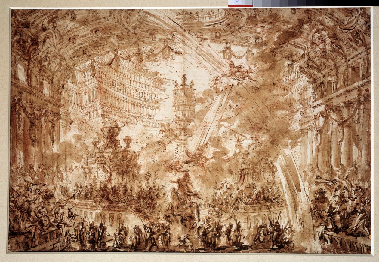 Inside a palace: two flying figures crown a character. Drawing by Giovanni Piranesi by Giovanni Battista Piranesi