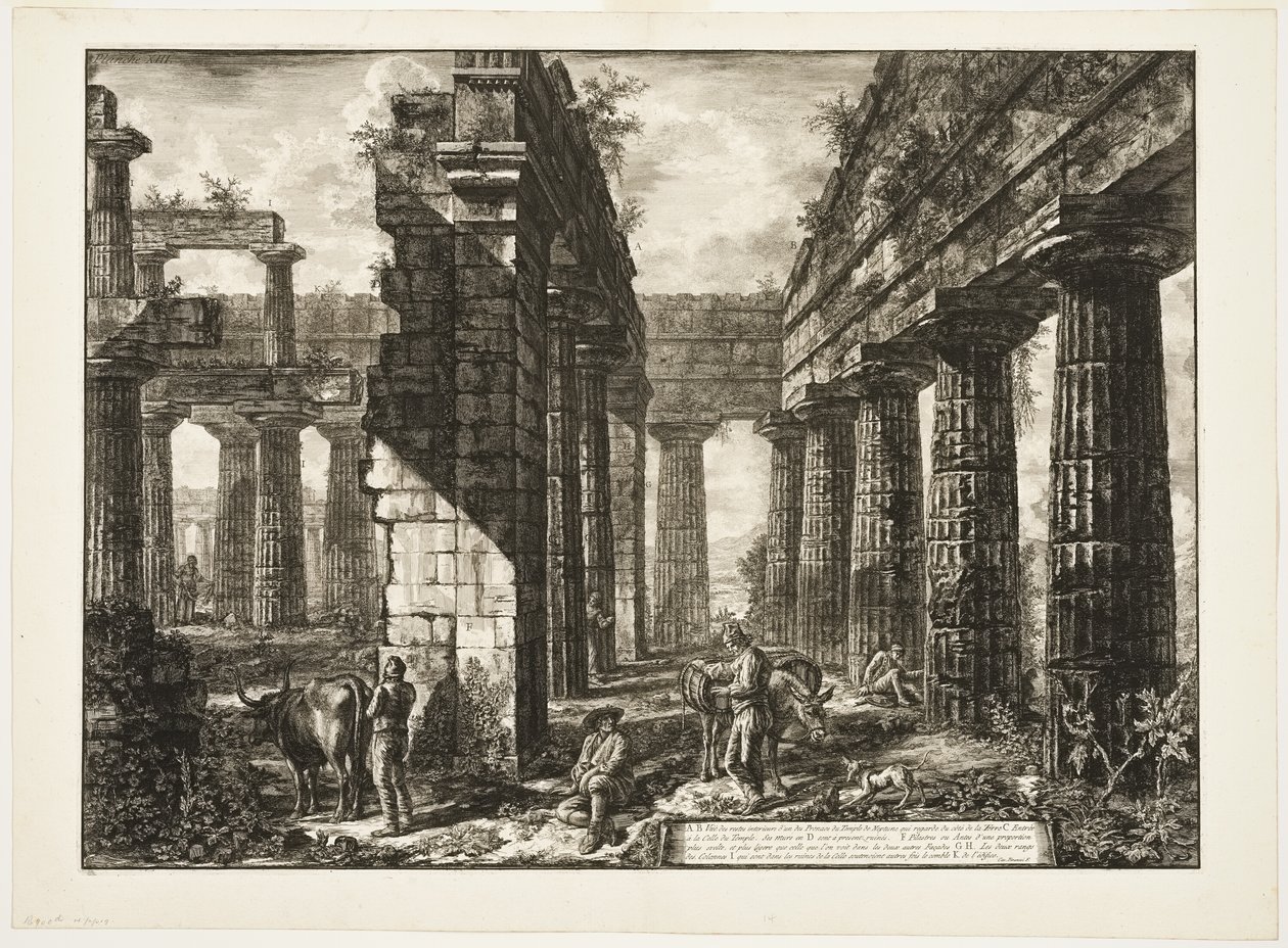 Interior view of the remains of one of the pronaoi of the Temple of Neptune which faces inland, from Different views of Paestum by Giovanni Battista Piranesi
