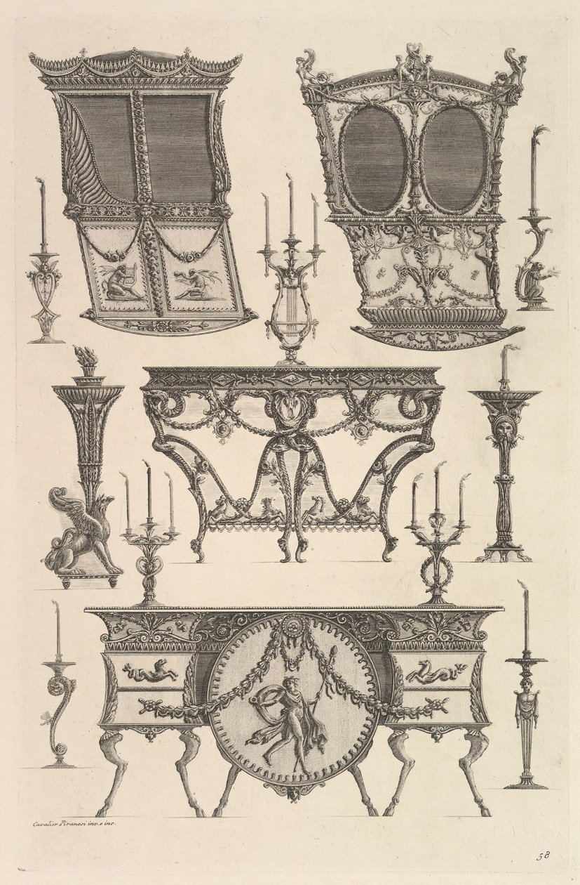 Miscellaneous Furniture Including Two Sedan Chairs, a Side Table and a Commode by Giovanni Battista Piranesi