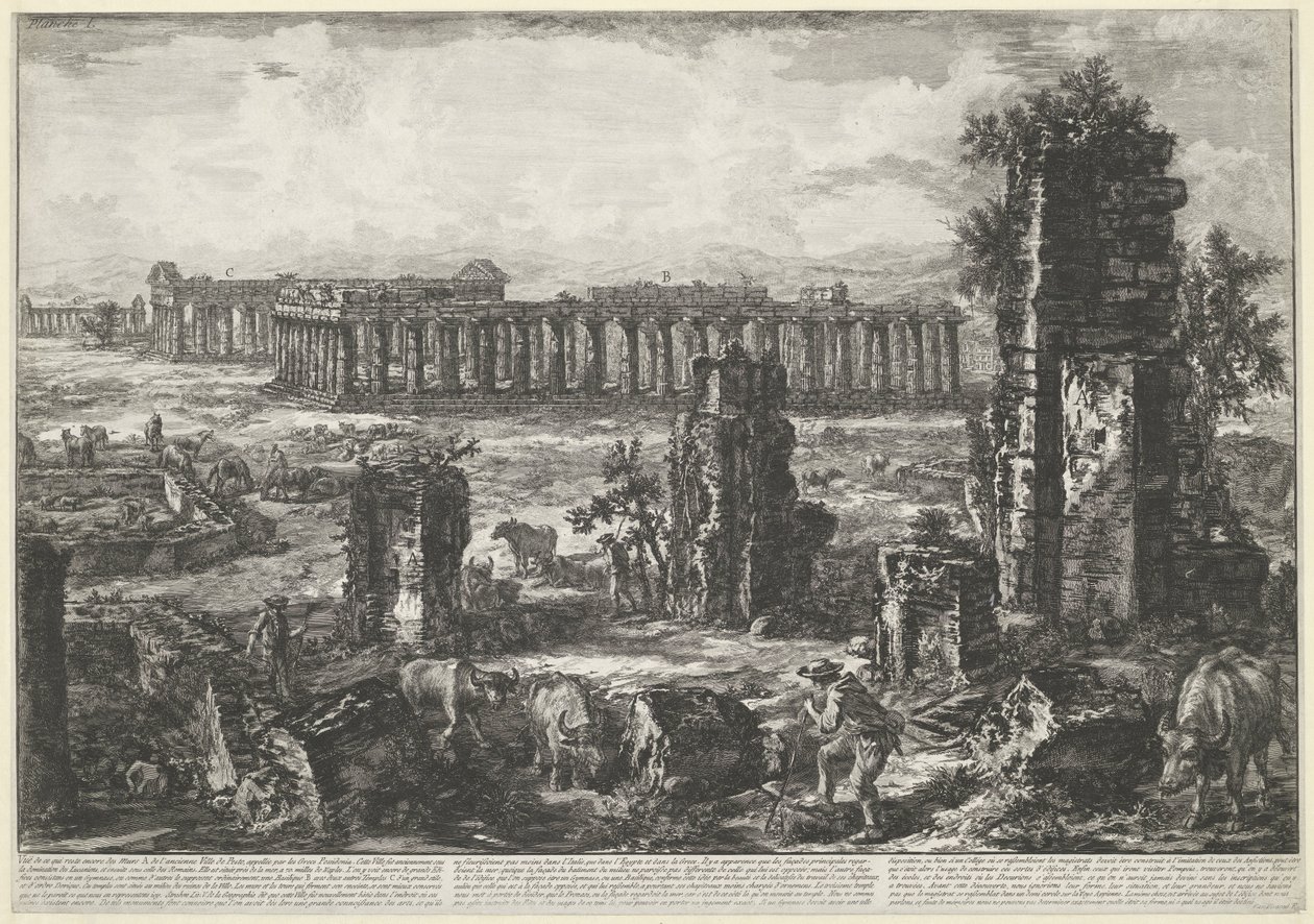 Old city wall and temples in Paestum (Various views of the remains of three large buildings still standing in Paestum series) by Giovanni Battista Piranesi