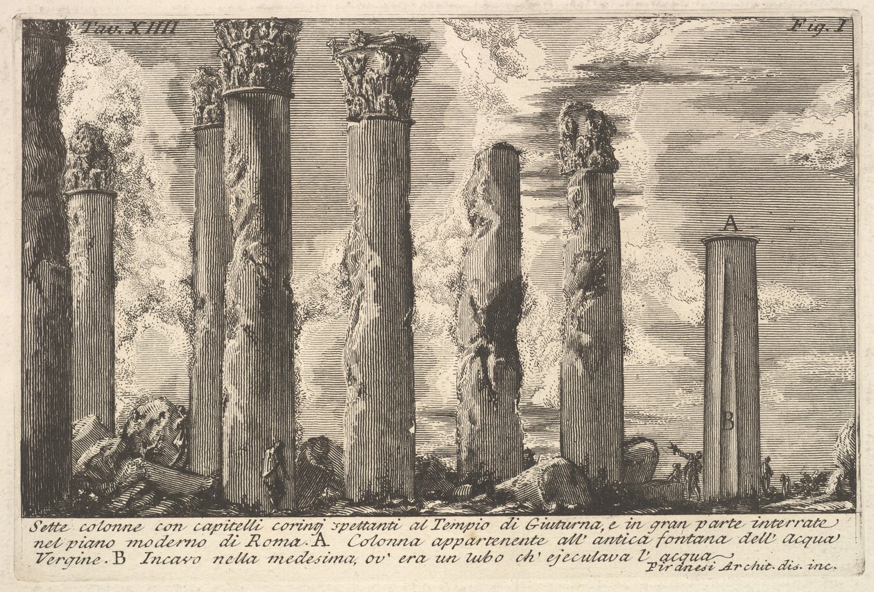 Seven Columns of the Temple of Juturna with Corinthian Capitals, 18th Century by Giovanni Battista Piranesi